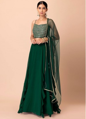 Haute Green Georgette Long Choli Lehenga