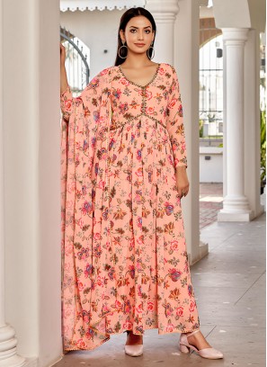 Haute Printed Peach Georgette Designer Gown