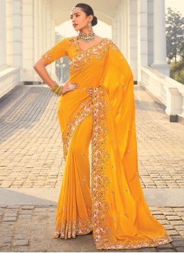 Heavenly Embroidered Yellow Designer Saree