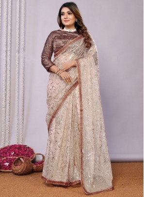 Heavenly Net Brown and Pink Zari Designer Saree