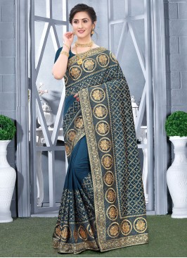 Heavenly Teal Vichitra Silk Traditional Saree