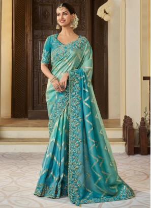 Heavenly Zari Blue and Turquoise Classic Saree