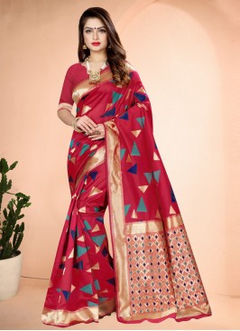 Hot Pink Art Banarasi Silk Designer Traditional Sa