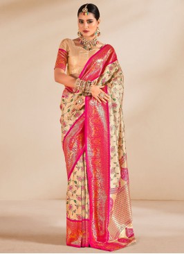 Hypnotic Cream and Rani Weaving Designer Saree