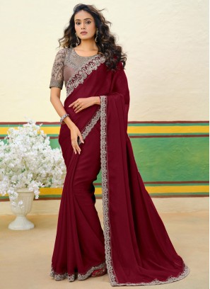 Hypnotic Maroon and Rani Zari Contemporary Saree