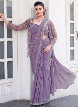 Hypnotizing Lavender Border Satin Silk Contemporary Saree