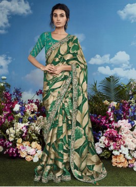 Hypnotizing Sequins Green Trendy Saree