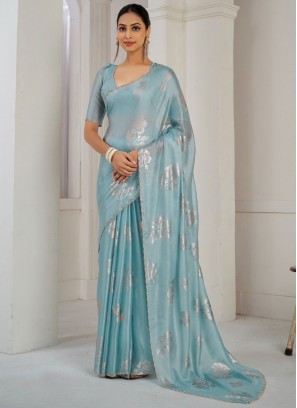 Ideal Border Aqua Blue Traditional Saree