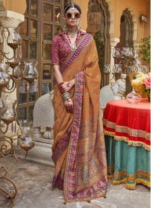 Ideal Silk Brown and Mustard Print Contemporary Saree