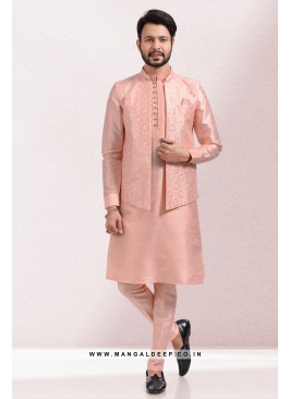 Imbue Peach Thread & Sequins Work Art Silk Wedding Wear Nehru Jacket set
