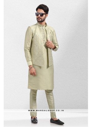 Imbue Pista Green Thread & Sequins Work Art Silk Wedding Wear Nehru Jacket set