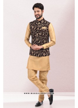 Imbue Wine & Beige Thread & Sequins Work Art Silk Wedding Wear Nehru Jacket set