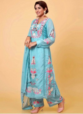 Immaculate Aqua Blue Mirror Faux Georgette Readymade Salwar Kameez