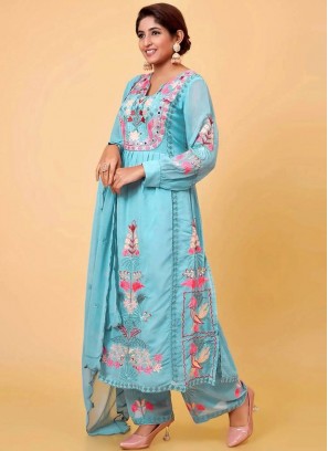 Immaculate Aqua Blue Mirror Faux Georgette Readymade Salwar Kameez