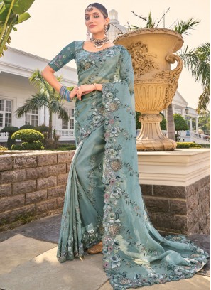 Immaculate Grey Embroidered Organza Contemporary Saree