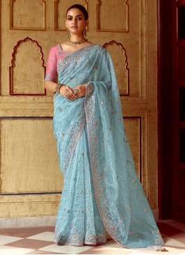 Impeccable Blue Stone Fancy Fabric Designer Saree