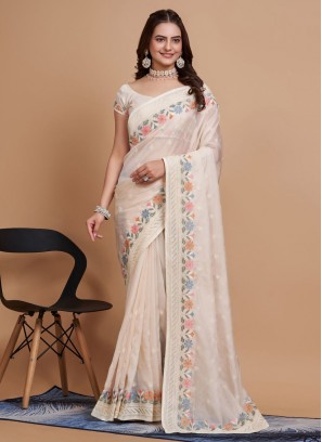 Imposing Silk Off White Contemporary Saree