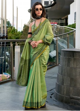 Imposing Tissue Weaving Green Traditional Saree