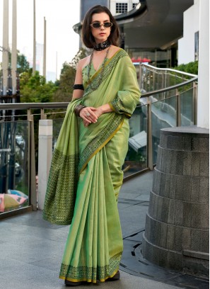 Imposing Tissue Weaving Green Traditional Saree