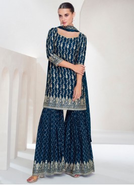 Impressive Embroidered Chinon Morpeach  Palazzo Salwar Kameez