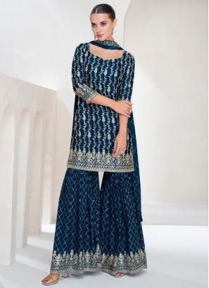 Impressive Embroidered Chinon Morpeach  Palazzo Salwar Kameez