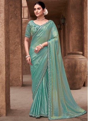 Impressive Satin Silk Sea Green Contemporary Style Saree