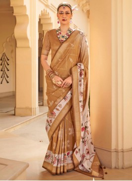 Incredible Foil Print Brown Silk Trendy Saree