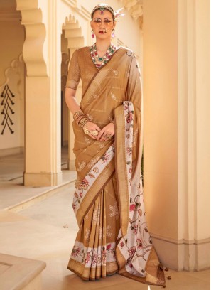 Incredible Foil Print Brown Silk Trendy Saree