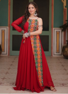 Innovative Red Faux Georgette Readymade Trendy Gown 