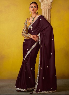 Integral Embroidered Wine Silk Traditional Saree