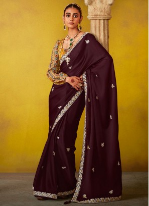 Integral Embroidered Wine Silk Traditional Saree