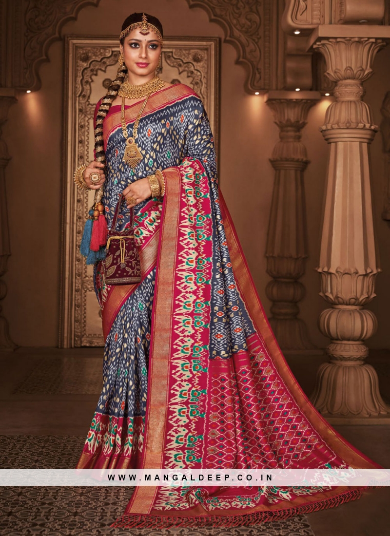 Navy Blue Color Silk Chiffon Heavy Patola Print Work Designer Plus Size  Saree -6341168854