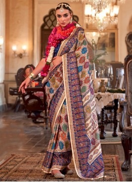 Intricate Printed Silk Cream Traditional Saree