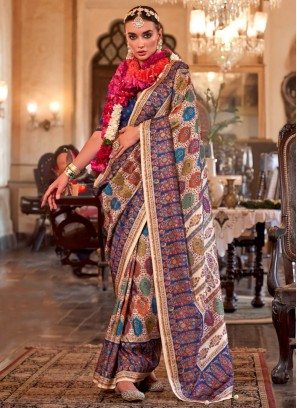 Intricate Printed Silk Cream Traditional Saree