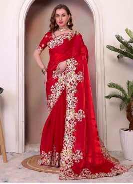 Intriguing Border Red Jimmy Chu Traditional Saree