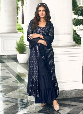 Intriguing Embroidered Faux Georgette Navy Blue De