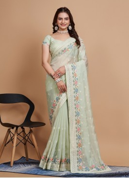 Intriguing Embroidered Sea Green Silk Trendy Saree