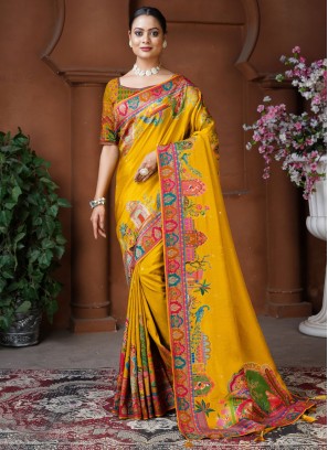 Intriguing pure-dola Weaving Mustard Traditional Saree