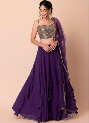 Intriguing Purple Plain Georgette Layered Lehenga Choli