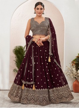 Invaluable Embroidered Georgette Burgundy Readymade Lehenga Choli