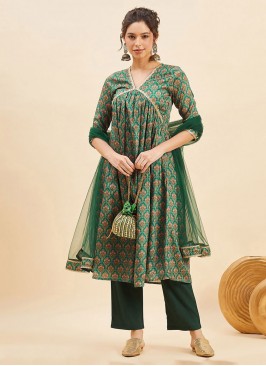 Invaluable Green Printed Chinon Trendy Salwar Kameez