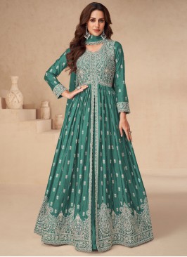 Irresistible Chinon Embroidered Green and Teal Readymade Lehenga Choli