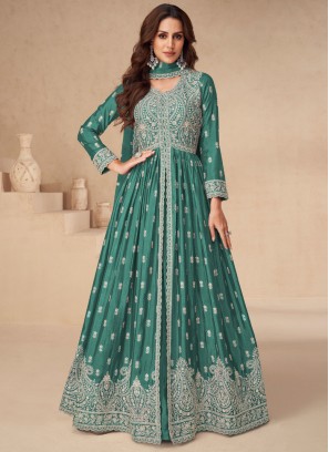 Irresistible Chinon Embroidered Green and Teal Readymade Lehenga Choli