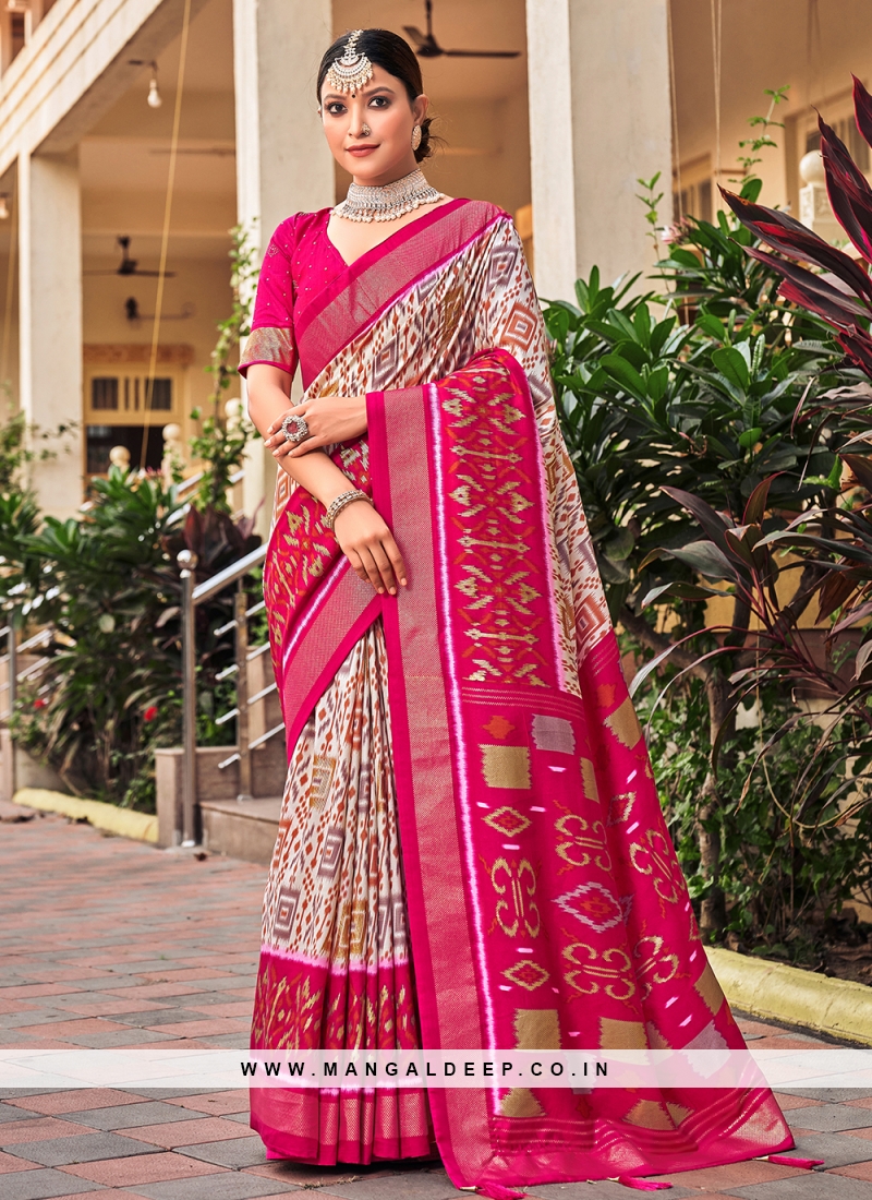 White Printed Cotton Silk Saree