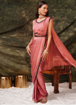 Irresistible Peach and Pink Stone Satin Silk Designer Saree