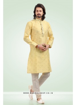 Pleasing Jacquard Art Silk Yellow Kurta Pyjama Set