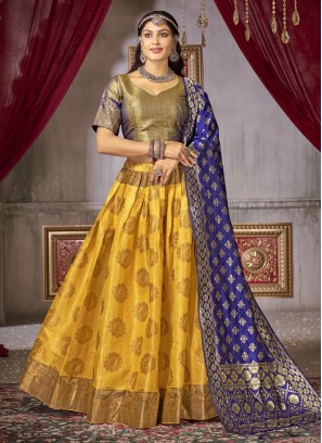 Jacquard Silk Yellow Trendy Lehenga Choli