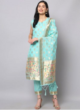 Jacquard Work Silk Readymade Salwar Suit in Aqua B