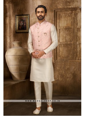 Jaquard Jacketed Pink & Cream Kurta Pyjama Set with Aligadhi Pants