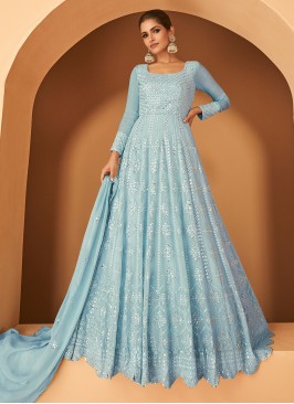 Jazzy Georgette Sequins Blue Readymade Gown
